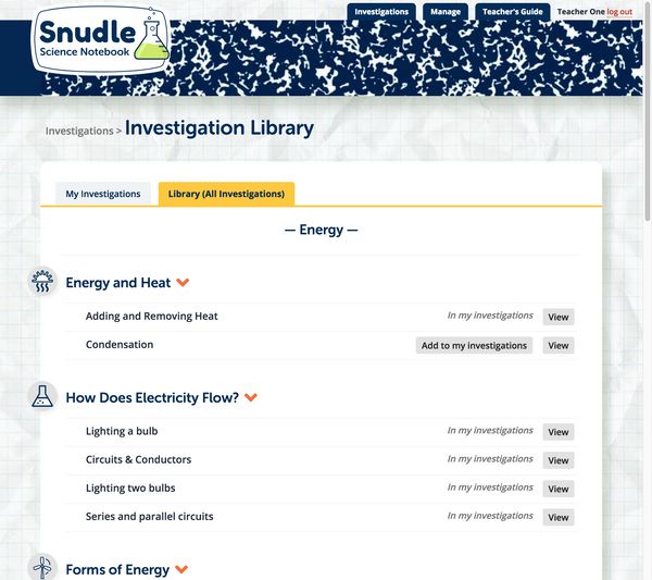 SNUDLE screenshot: investigation library