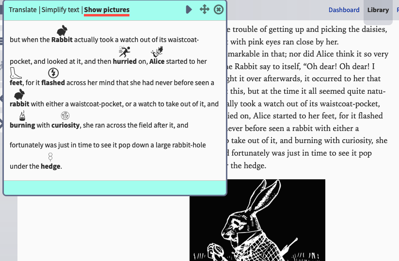 Clusive screenshot showing image augmentation for vocabulary.
