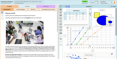 CLUE screenshot showing some introductory text and the table, sketch, and graphing tools.